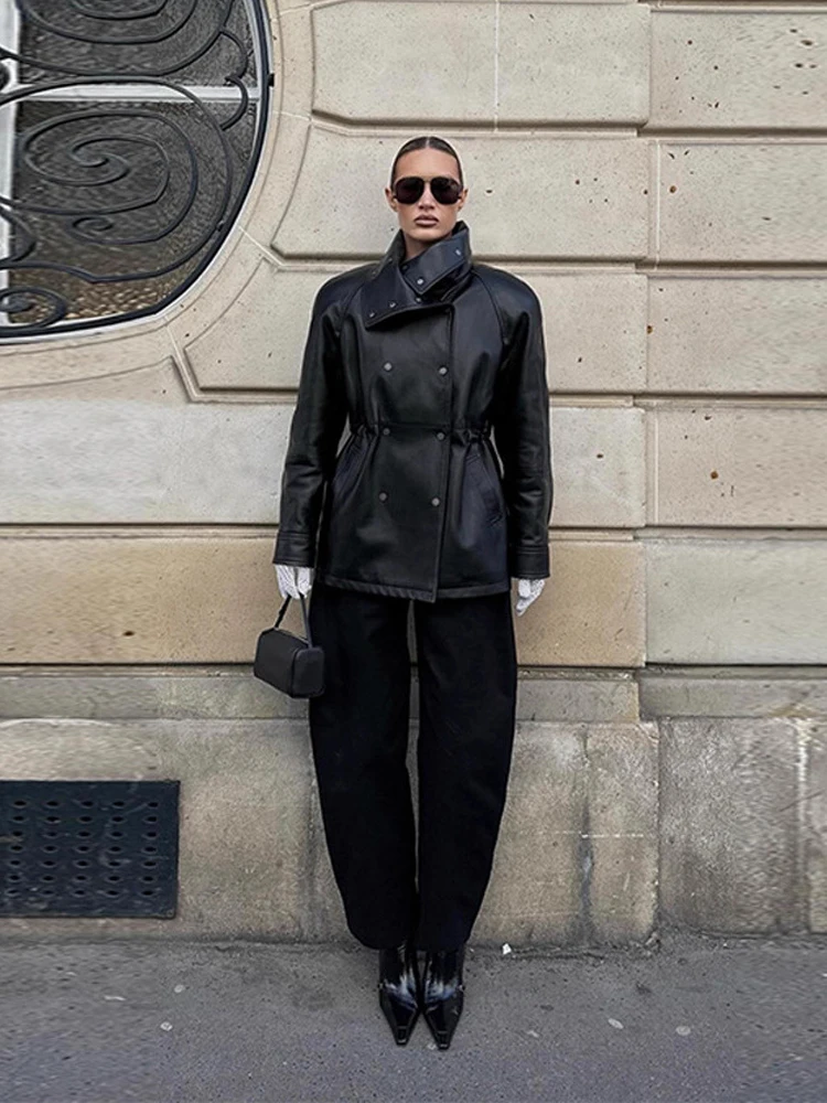 Schwarze zweireihige Lederjacke, lang, modisch, gesteppt, kurzmantel, langärmelig, PU-Leder, lässige Oberbekleidung, Straße