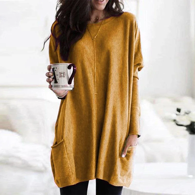 Autumn Winter Oversized Round Neck Loose Casual Pocket T-shirt Ladies Long Sleeve All-match Pullover Top Women Fashion Y2K Tee