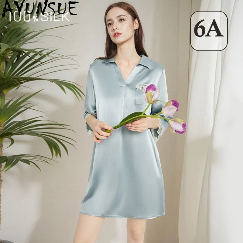 

AYUNSUE 16Mm 100% Real Mulberry Silk Pajama Women Casual Sleepwear Night Dress Woman 2026 Summer Clothes Shirt Dress Пижама