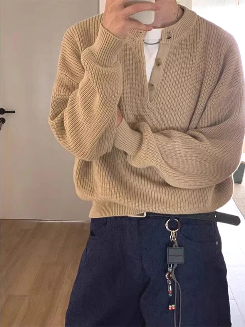 Henley neck knit sweater - khaki