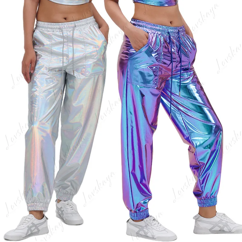 Women's Pants - Street Trend Gold-stamped Ankle-length Pants - Sporty Style Shiny Leather Loose Performance Outfit