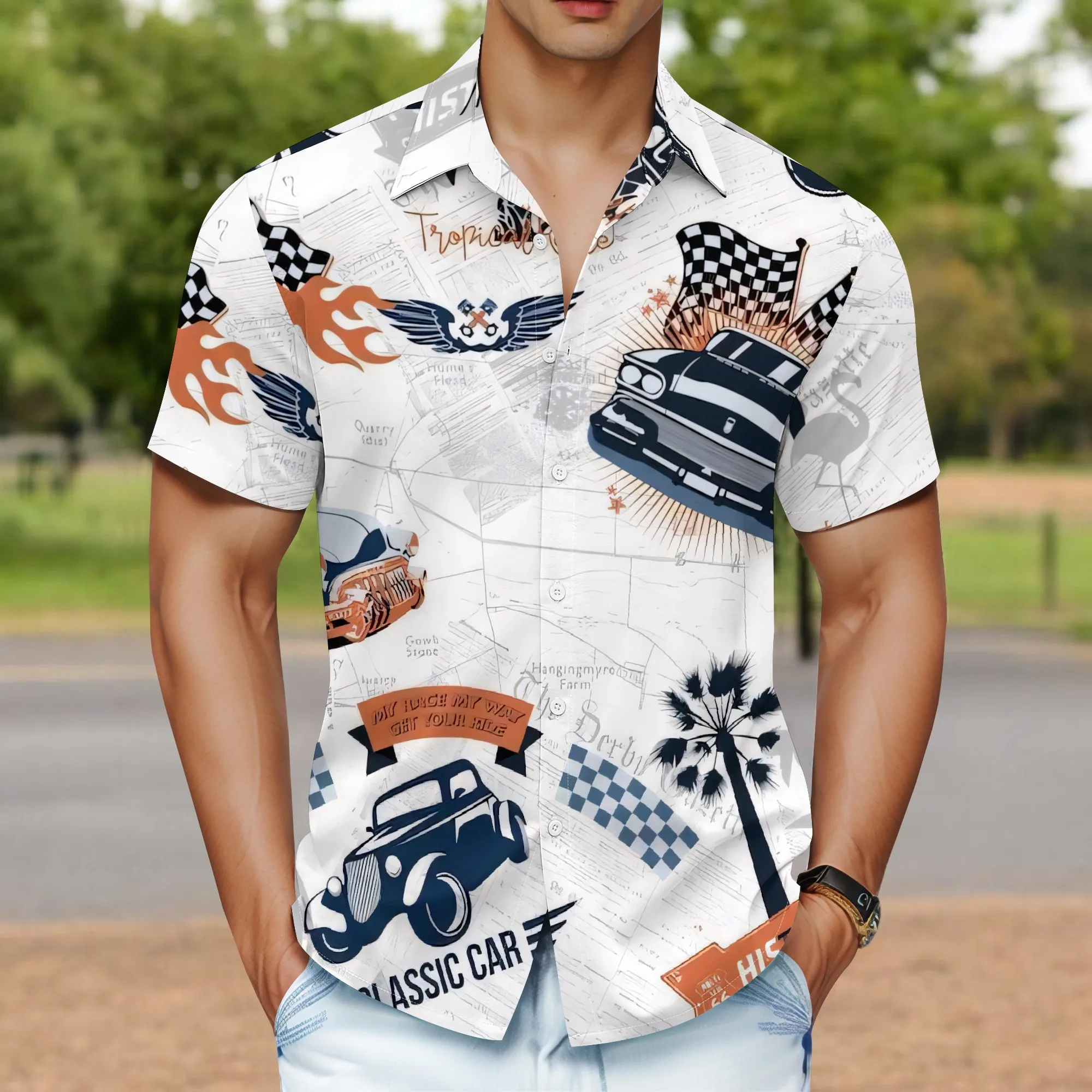 

YEAE Men's Green Leaf Printed Shirt 100% Cotton Short Sleeve Casual Beach Fall Modern Style