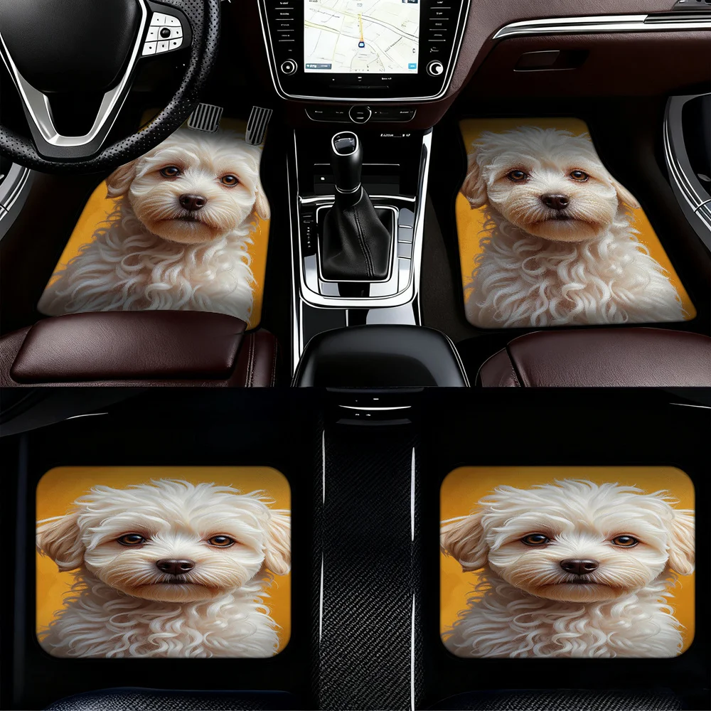 4pcs Car Floor Mats With Golden Furry Dog Portrait - Durable Polyester, Fit For SUVs & Hatchbacks, Non-Slip Backing, Easy-Clean