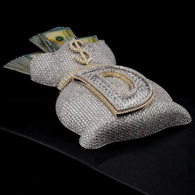 LYEE CYEE Custom D-Money Bag Pendant. Iced-Out Moissanite & Realistic Cash. For the DEEP CLUTH Hustlers. Get Your Bag! 💰