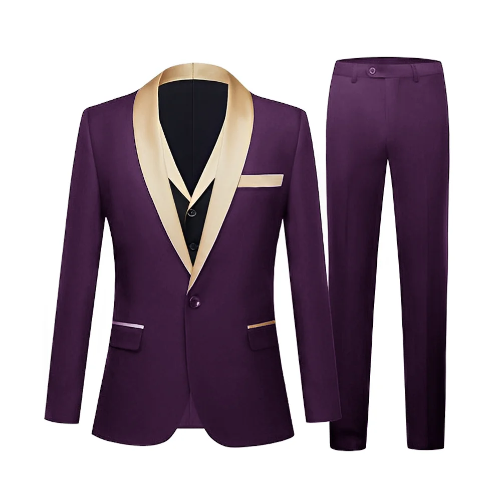 Black Men's Suit 3 piece Suit Formal Jacket Pants Vest Wedding Groom Tuxedo Champagne Shawl Collar Blazer