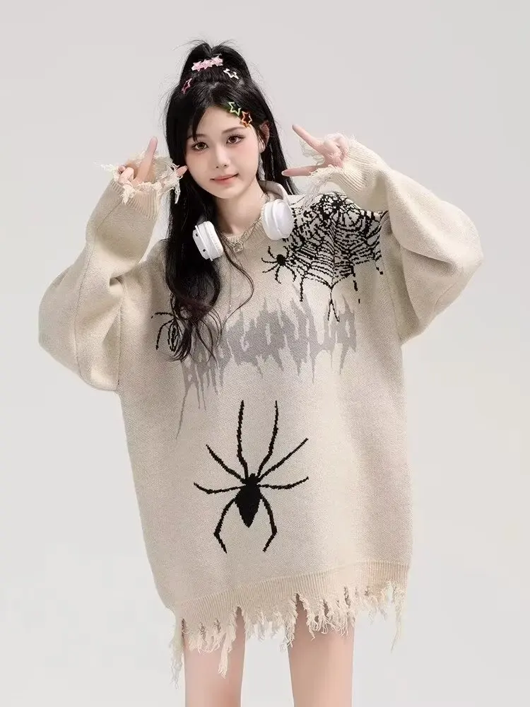 Spider Graffiti Black Sweater Men korean Autumn and Winter Warm Casual Loose Pullover Sweater Couple Fashion Popular Sweater Y2k