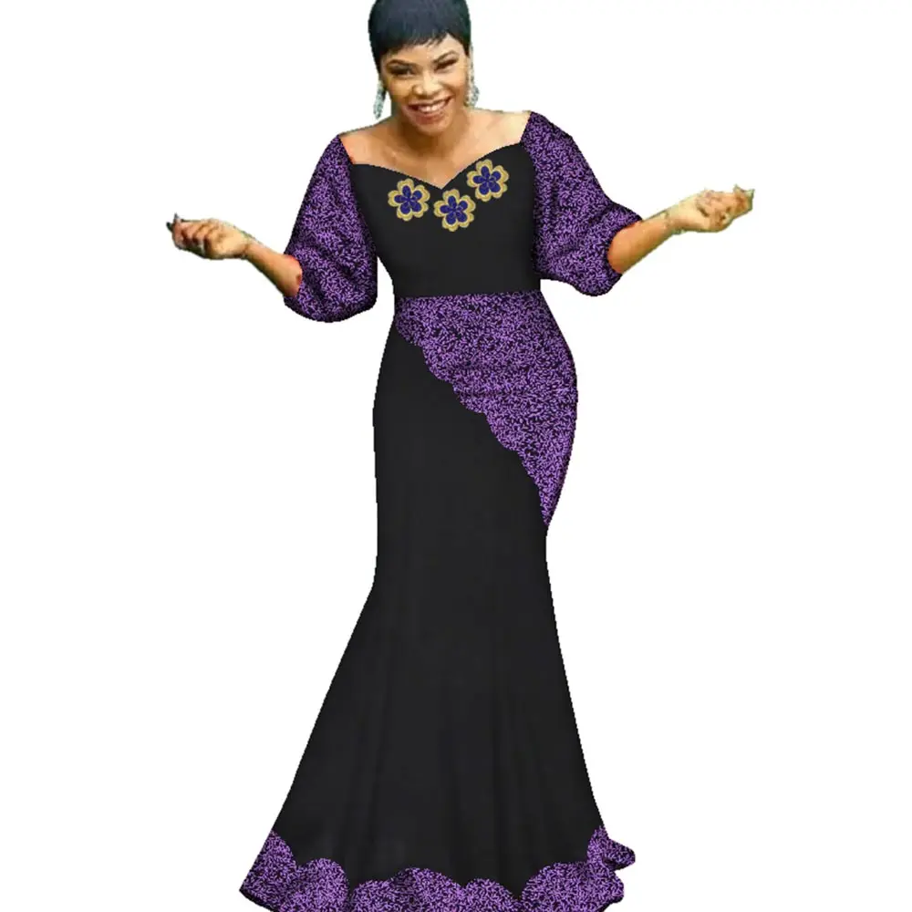 Church Clothes for Woman with Applique Flower Traditional African Clothing Bazin Riche Print Patchwork Dresses for Women WY2920