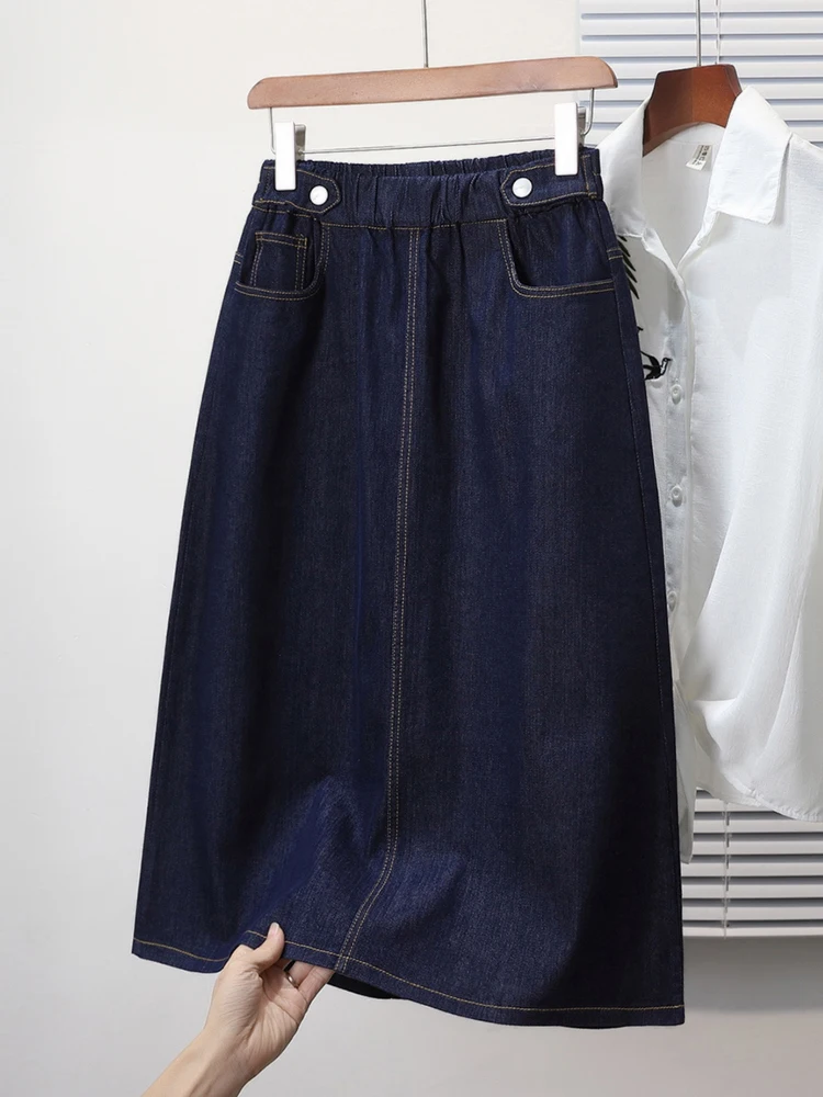 Dark Blue Straight Cut Jeans Skirt Women's Spring 2026 New plus Size Elastic Waist Midi Length Half Body Skirt Korean Style