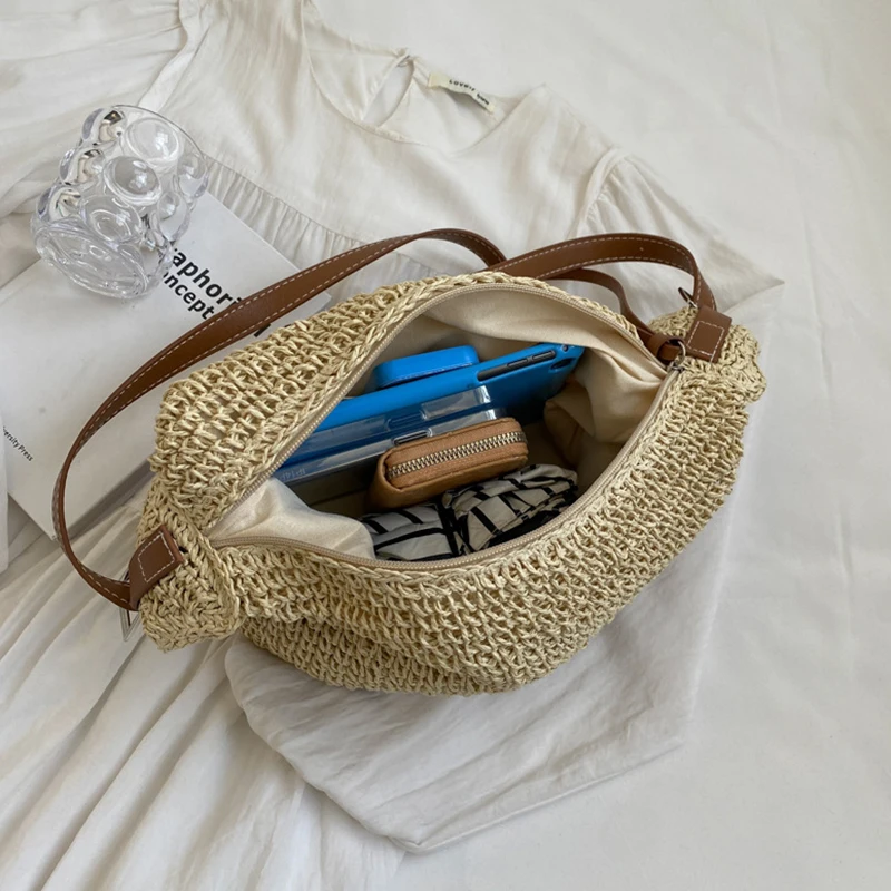 Retro Sen Grass Woven Bag For Women New Leisure High Capacity Woven Bag Fashionable Beach Vacation Shoulder Bag Women Bag