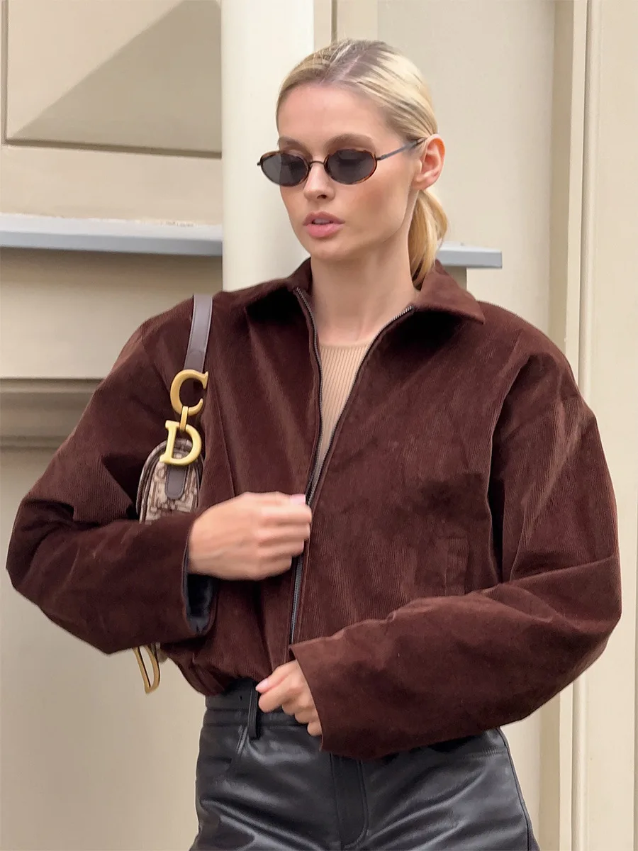 

Wolfeel Women's New Cotton Retro Brown Corduroy Jacket Lapel Collar Trendy Zip Up Autumn Fashion Jackets