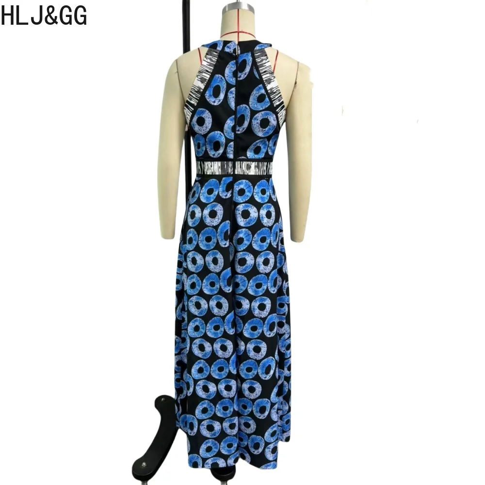 HLJ & GG-vestido largo elegante con estampado Retro azul para mujer, vestido largo acampanado con cuello redondo sin mangas, ropa con abertura para oficina, primavera 2025