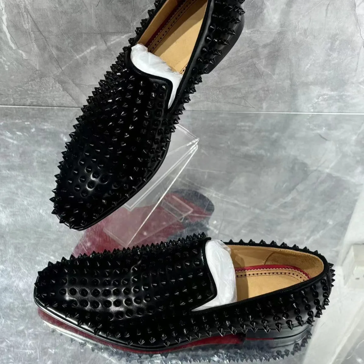 Rhinestones Studs Patent Leather Men Shoes Fashionable Soft Business Pumps Spring and Summer Slip-On Flats