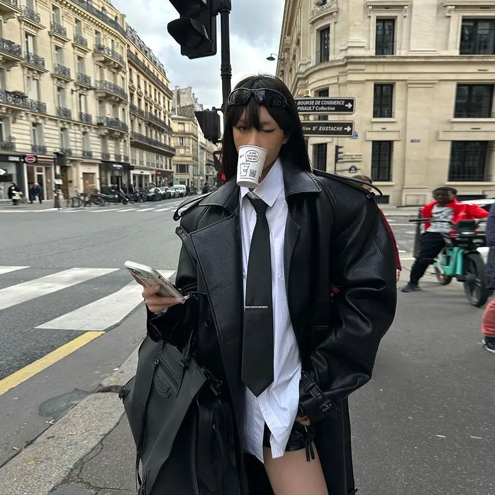 

Spring Autumn Y2k Extra Long Black Pu Leather Trench Coat for Women with Back High Slit Luxury Chic European Fashion Coats 2025