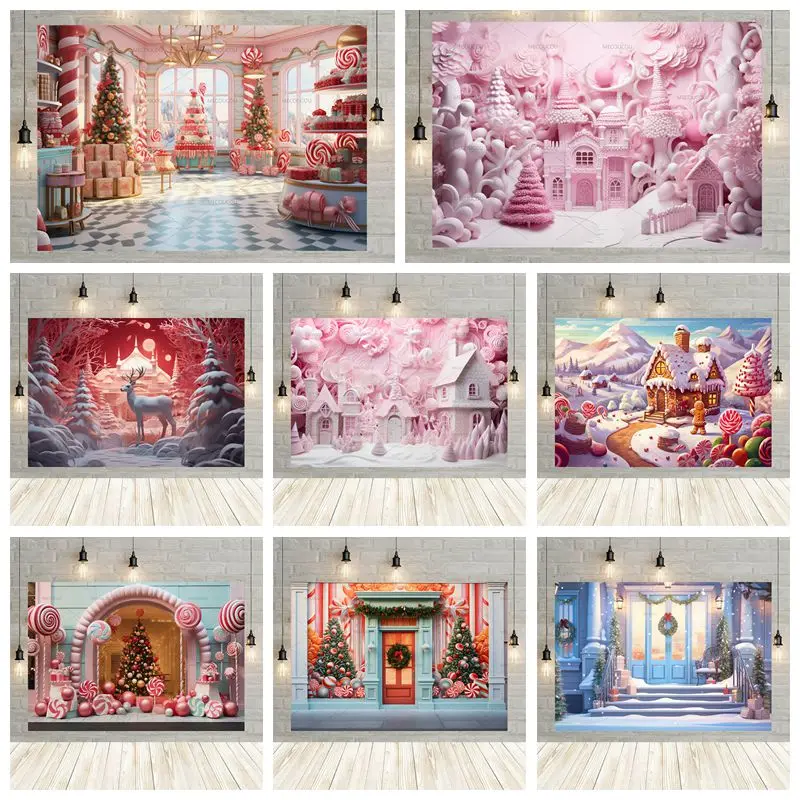 2023 Christmas Backdrop Photography Pink Castle Candy Bar Baby Photo Photographic Family Party Background Photo Studio Photocall