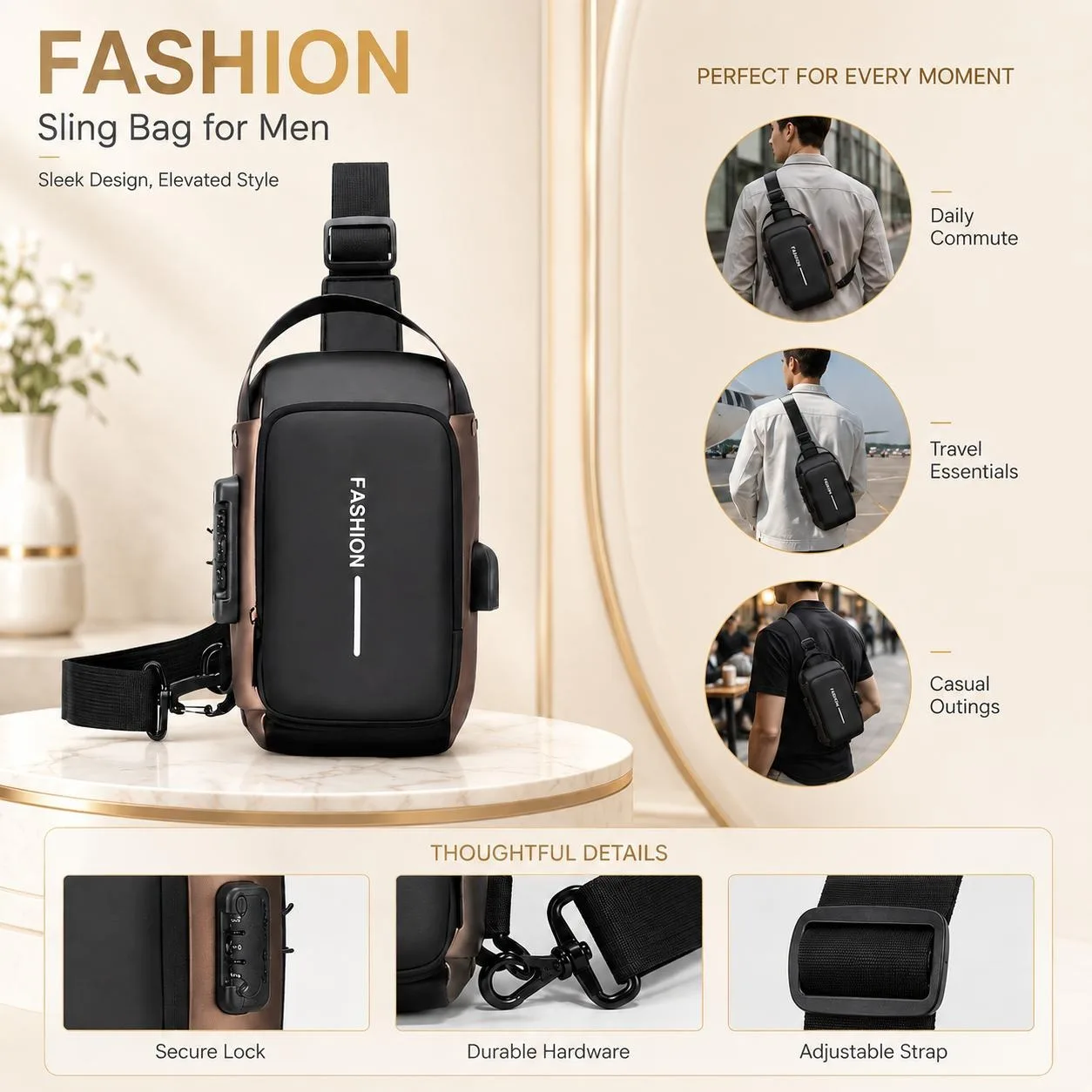 Motorcycle Backpack with Lock, Convertible Crossbody Bag, Zippered Compartment, Adjustable Shoulder Strap, Suitable for Commuting and Travel, Available in Various Sizes, Men's Safety Motorcycle Crossbody Bag