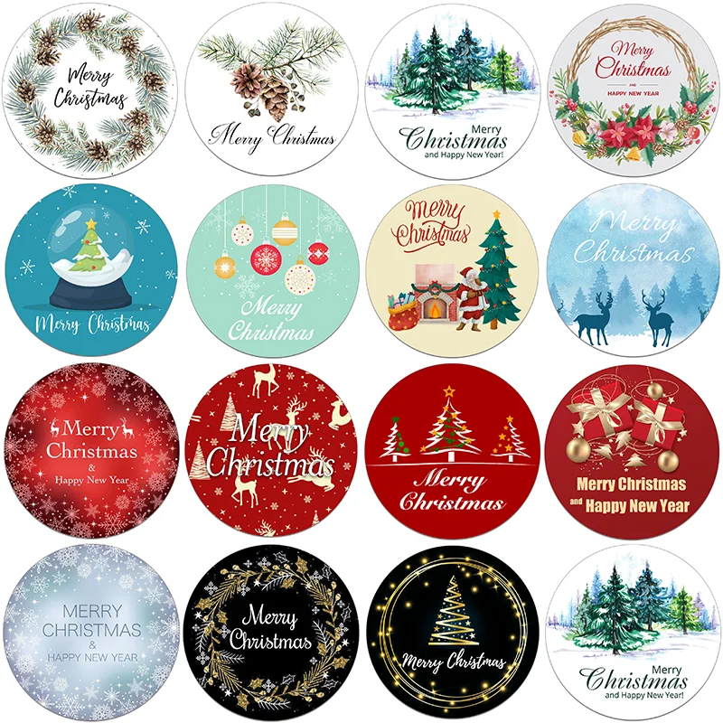 Christmas Tree Wreath Merry Christmas Round Stickers Gift Sealing Stickers Holiday Present Bag Box Decoration Xmas New Year