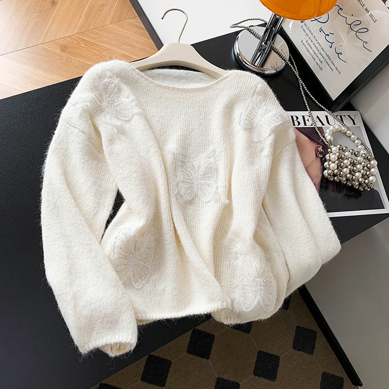 

Purple Knitted Sweater Women's Autumn Winter Korean Sle Lazy High-End Feeling 3D Beads Sweater Soft Wool 00%