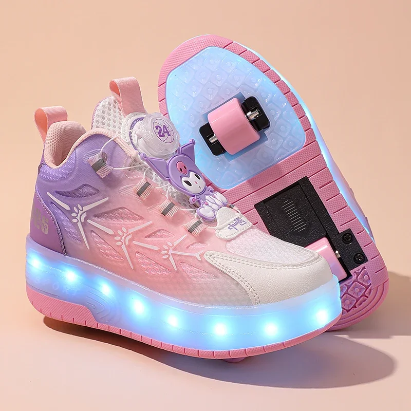 Fashion Kids Shoes Roller Skate Led Light-up Glowing Boys Girls Sports Running Casual Pink Children's Two Wheels Sneakers USB