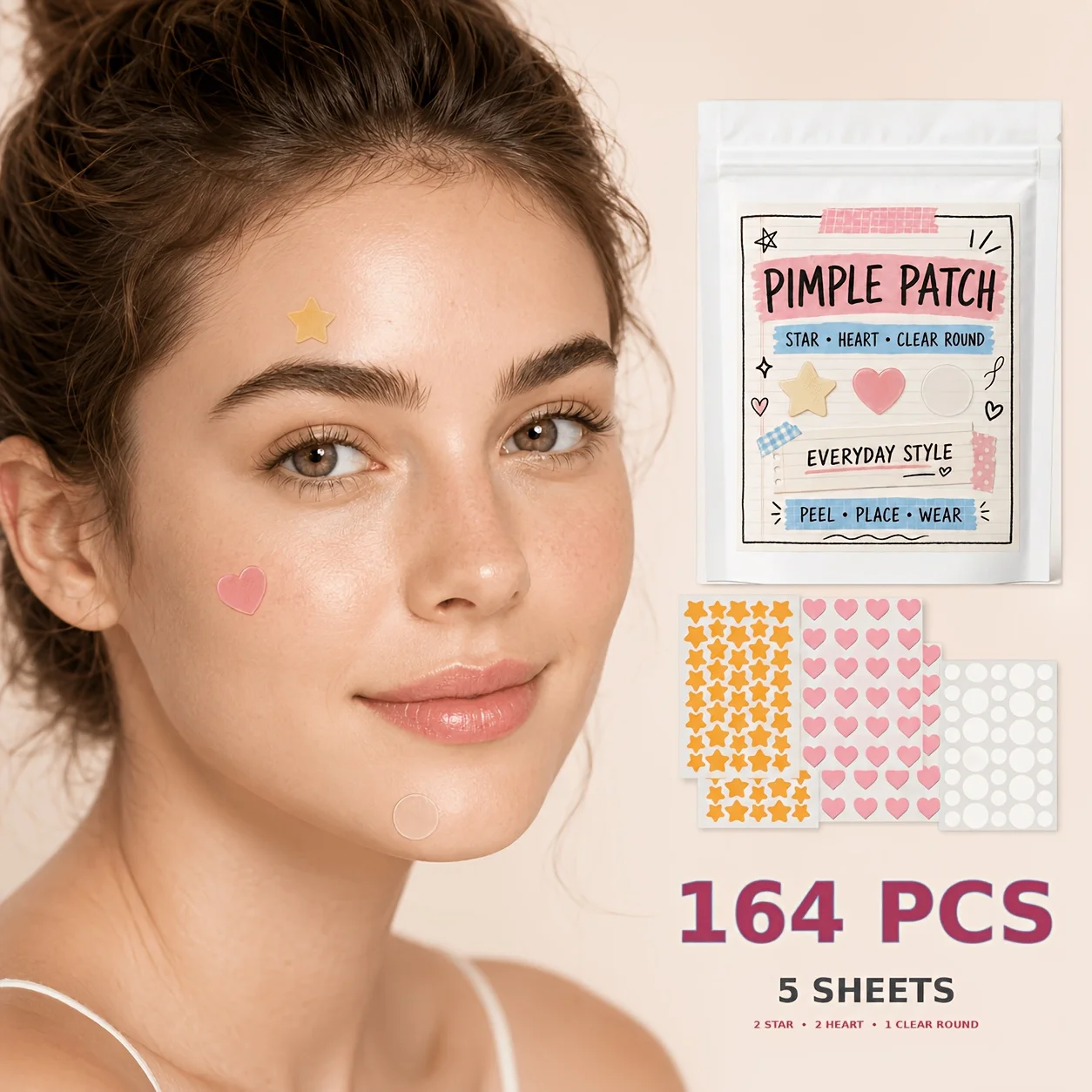 164PCS Colorful Acne Patches, Star Heart Round Pimple Stickers, Waterproof Face Patch, Cute Spot Cover for Daily Skin Care
