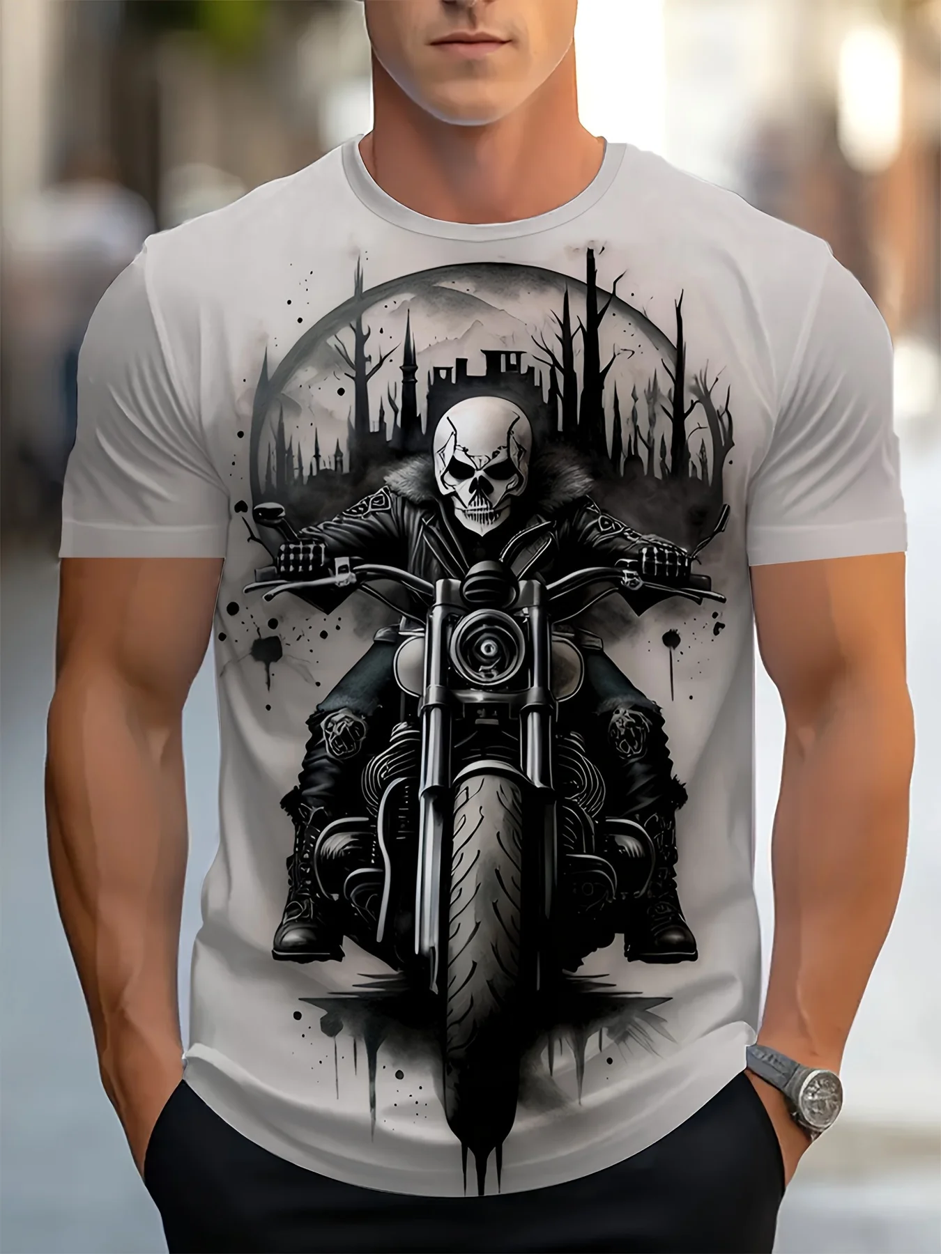 New men's short-sleeve T-shirt, loose-fitting and tailored with printed designs, versatile basic crew-neck top suitable for spri
