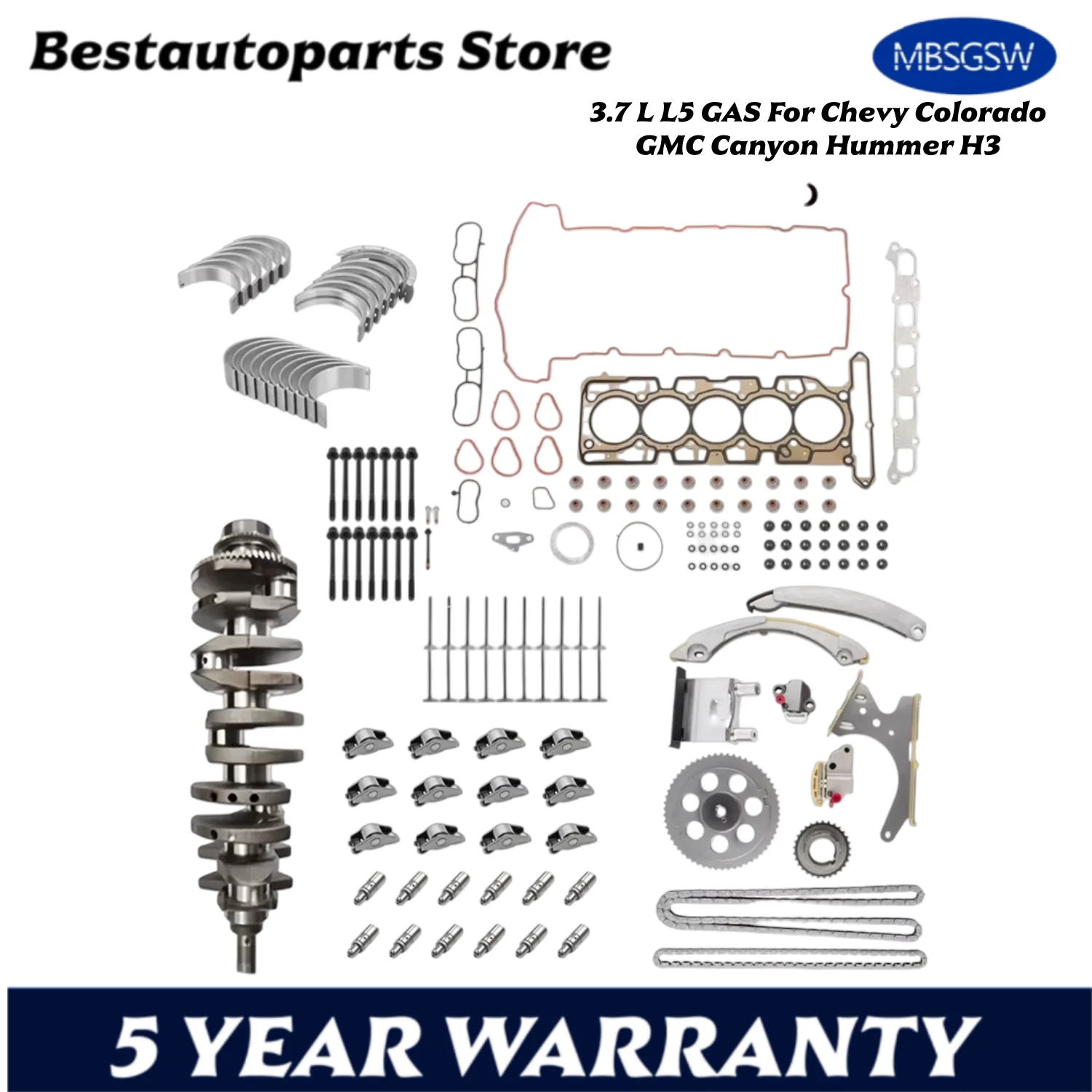 Engine Rebuild Kit Cylinder Head Gasket Timing Chain Valves Crankshaft Fit 3.7 L L5 GAS For Chevy Colorado GMC Canyon Hummer H3