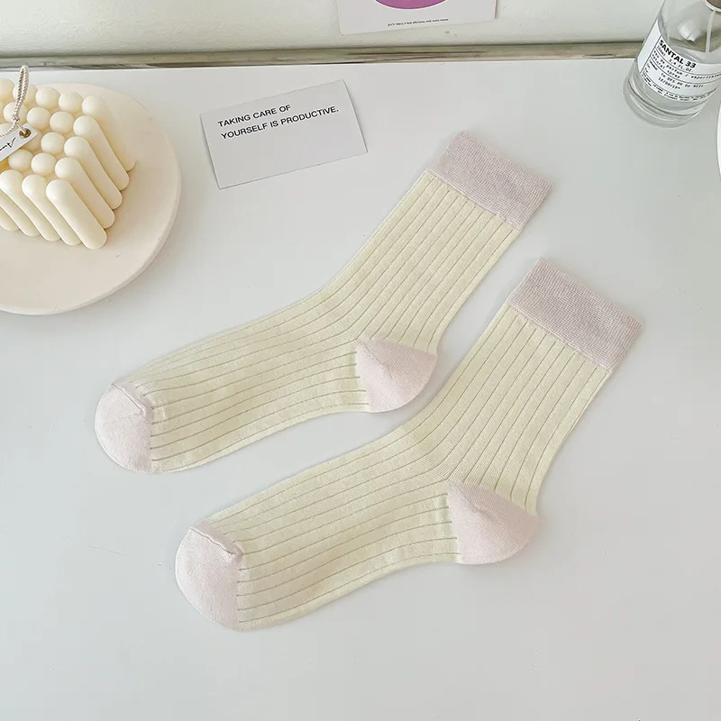 3 Paar Mädchen Mid-Tube Socken Sommer dünn atmungsaktiv einfarbig Baumwolle japanische Frauen Creme Stil