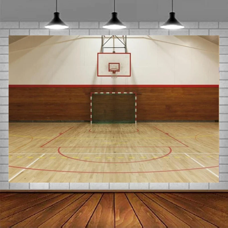 Photography Backdrop Retro Indoor Ball Game Gymnasium Basketball Gym Background Goal Line Wooden Floor Sport Hall Decoration