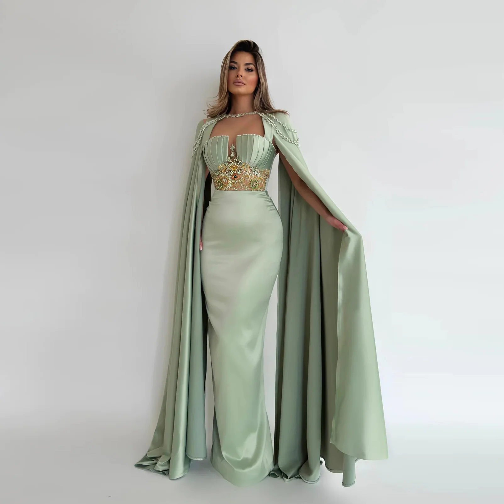 Elegant Mint Green Satin Long Prom Dresses With Cape Delicate Beaded Pearls Formal Party Dress Modest Prom Gowns