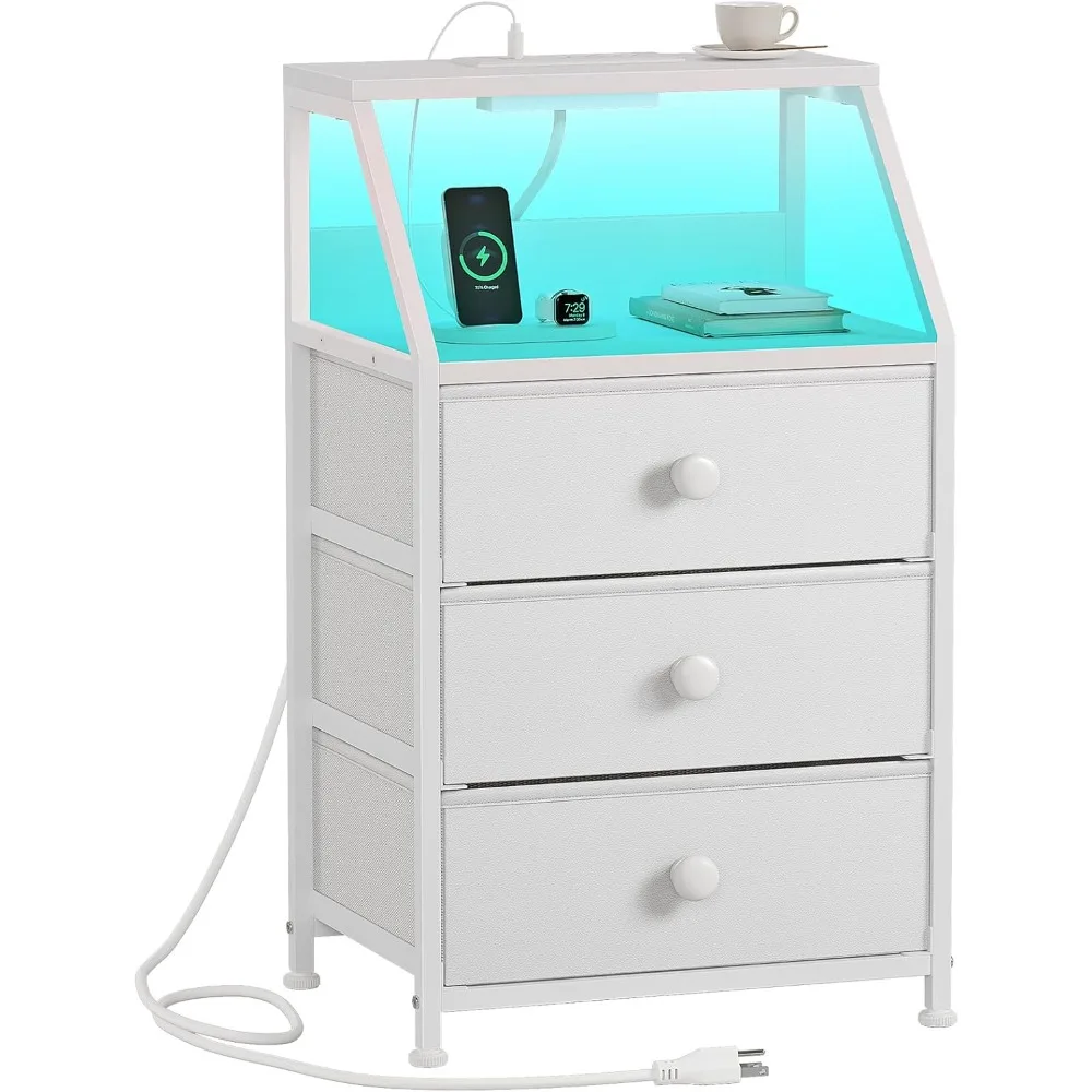 

Nightstand with Charging Station and Led Light, Tall White Bedside Table with 3 Fabric Drawers and 2-Tier Storage Shelves