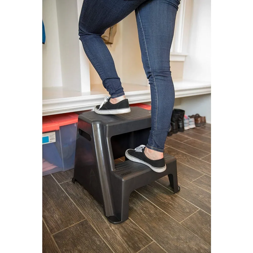 2-Step Molded Plastic Step Stool, Lightweight with Slip Resistant Treads and Non-Slip Feet, Black (Amazon Exclusive)