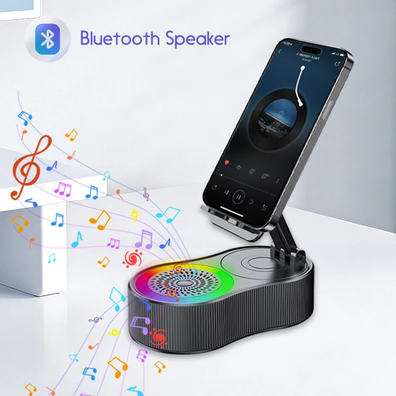 

5 В 1 360 ° Вращающийся держатель для мобильного телефона, Bluetooth-динамик и RGB-подсветка для iPhone 17, Samsung Xiaomi, HIFI, проигрыватель объемного звука