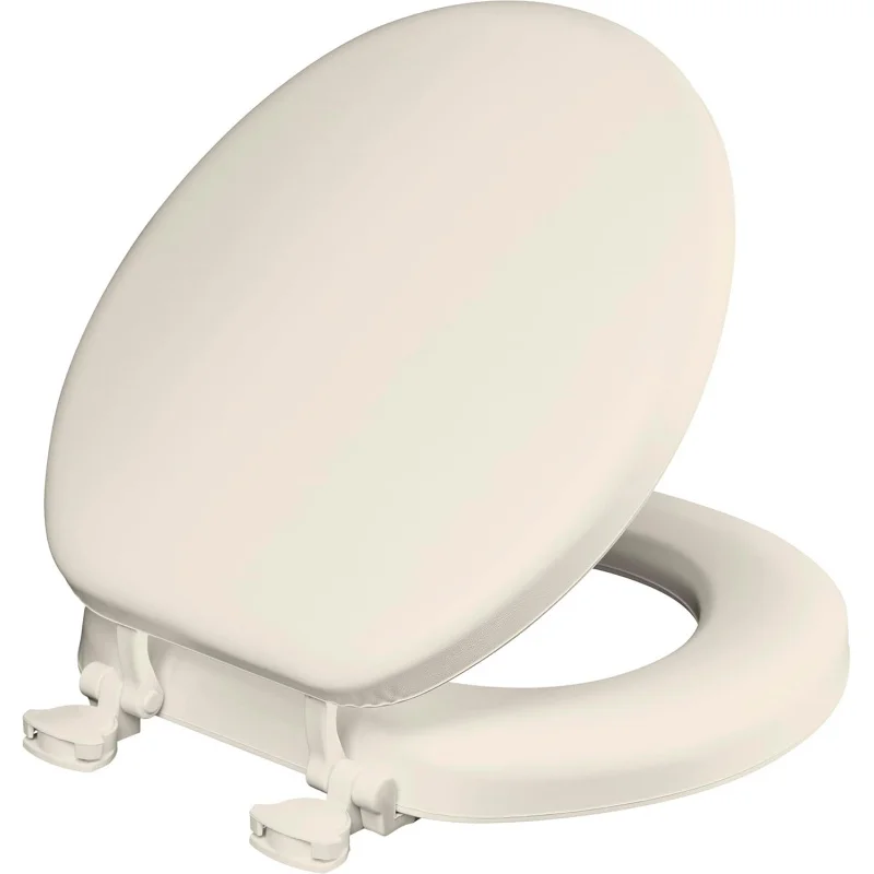 Padded Toilet, Cushioned Soft Vinyl over Wood Core, Secure Hinges, Easy Clean, Round, Biscuit