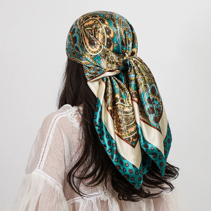 90 cm Platz Silk Schals Frauen Hijab Schals Paisley Cashew Blume Drucken Kopftuch Femme Kopf Schal Foulard Bandana Strand Pareo – Detail 7