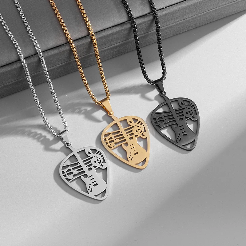 Rock Guitar Pick Bass Note Pendant Stainless Steel Necklace for Men Women Music Lovers Punk Hip Hop Party Jewelry