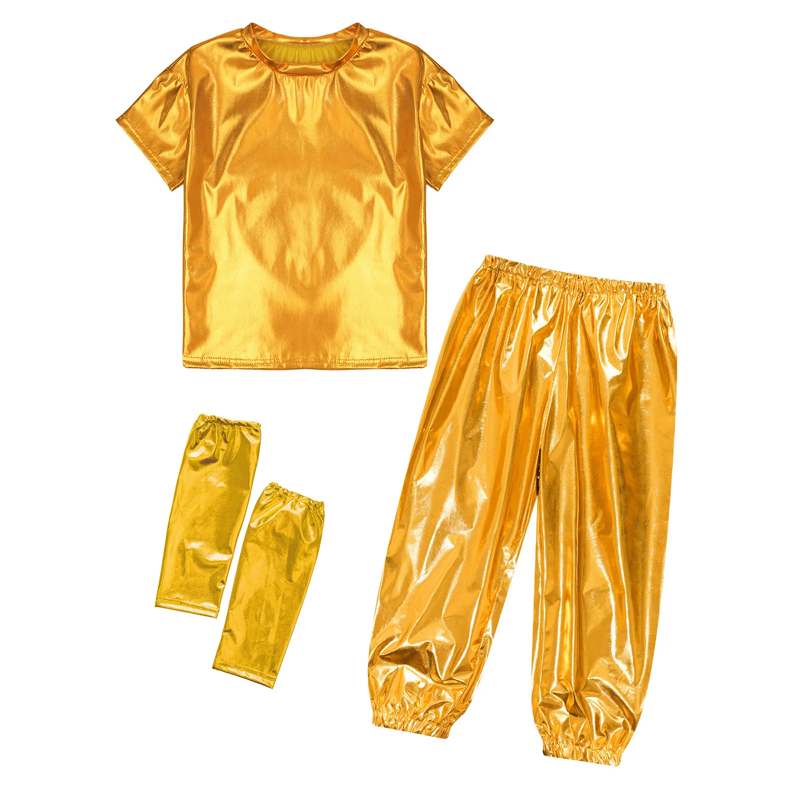 

Kids Girls Boys Hip Hop Jazz Dance Costumes Short Sleeve Round Neck Metallic Shiny T-shirt+Pants+Gloves Party Dance Performance