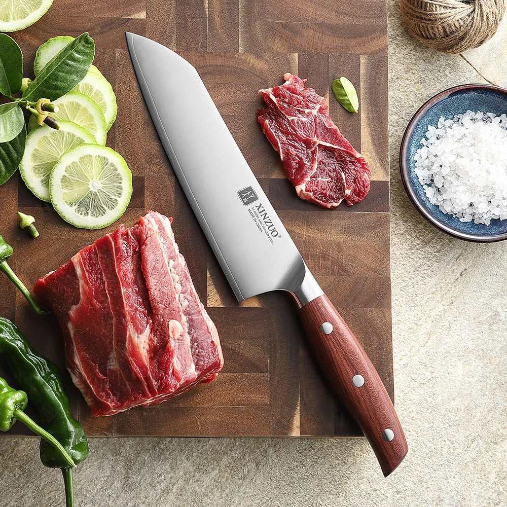 XINZUO Wysokiej jakości nóż Santoku ze stali nierdzewnej 7,2 cala, 3-warstwowa stal kompozytowa, nóż szefa kuchni do krojenia, rękojeść z czerwonego drewna — zdjęcie 5