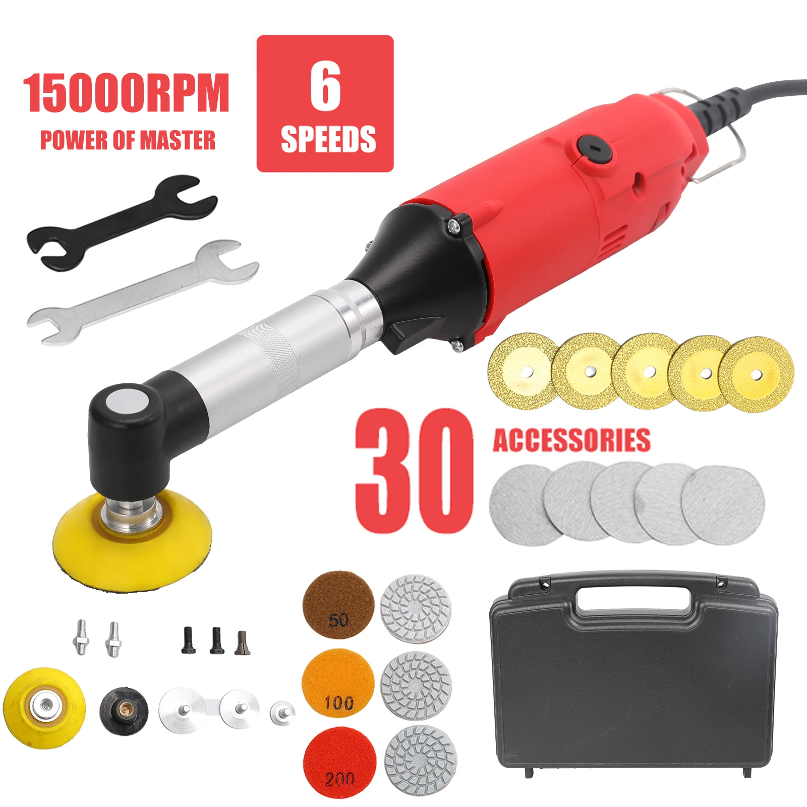 90 °   Keramikfliesen-Schleifgerät, 380W Elektrischer Geradschleifer, 6 variable Geschwindigkeiten, Beleuchtung, Schleif- und Poliermaschine