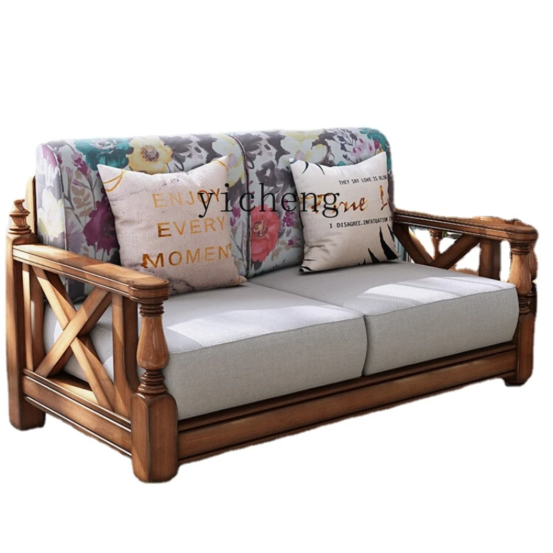 

Zc Solid Wood Sofa Fabric Style Small Apartment Living Room Retro Furniture Pastoral Double Three-Person Combination