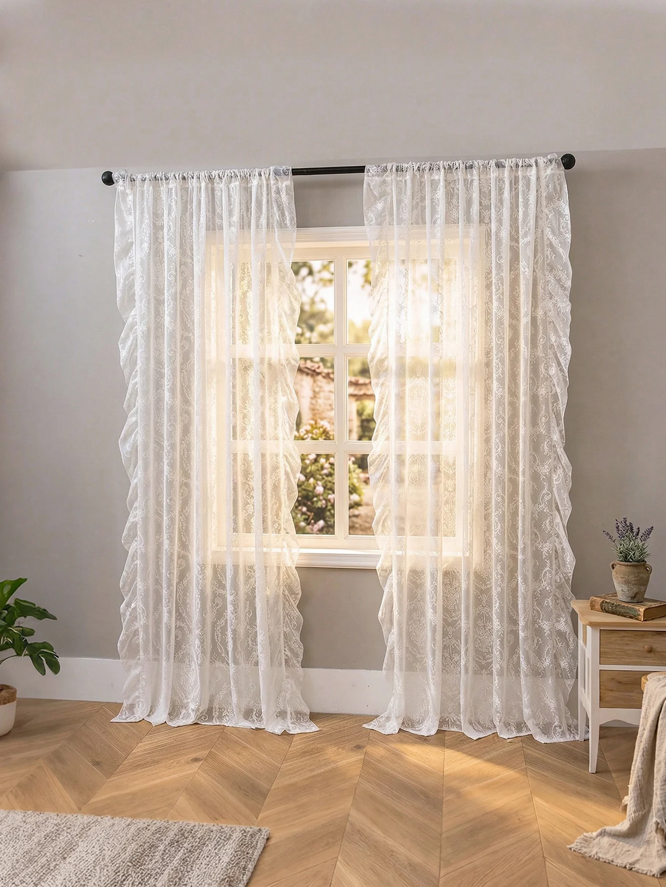 Elegant White Ruffled Lace Sheer Curtains, French Country Style Rod Pocket Window Panels for Home Decor