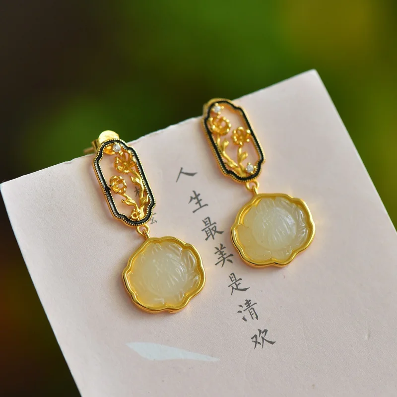 

Новые серьги в китайском национальном стиле с нефритом, сертификат подлинности, серебро 925 пробы, черное золотое покрытие, инкрустация цветами, нефрит Хэтиан