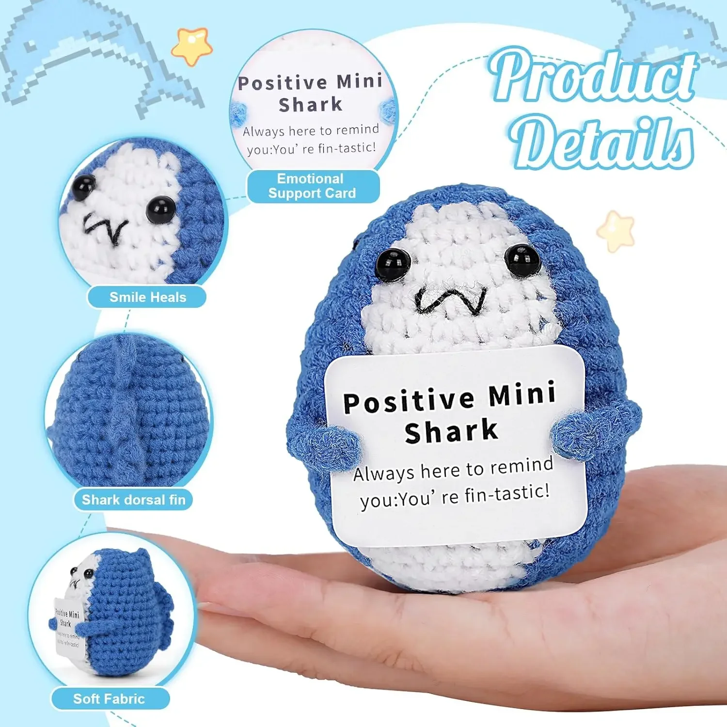 3 PCS Emotional Support Shark, Funny Crochet Animal Mini Inspirational Handmade with Encouragement Card, Knitted Birthday Gifts