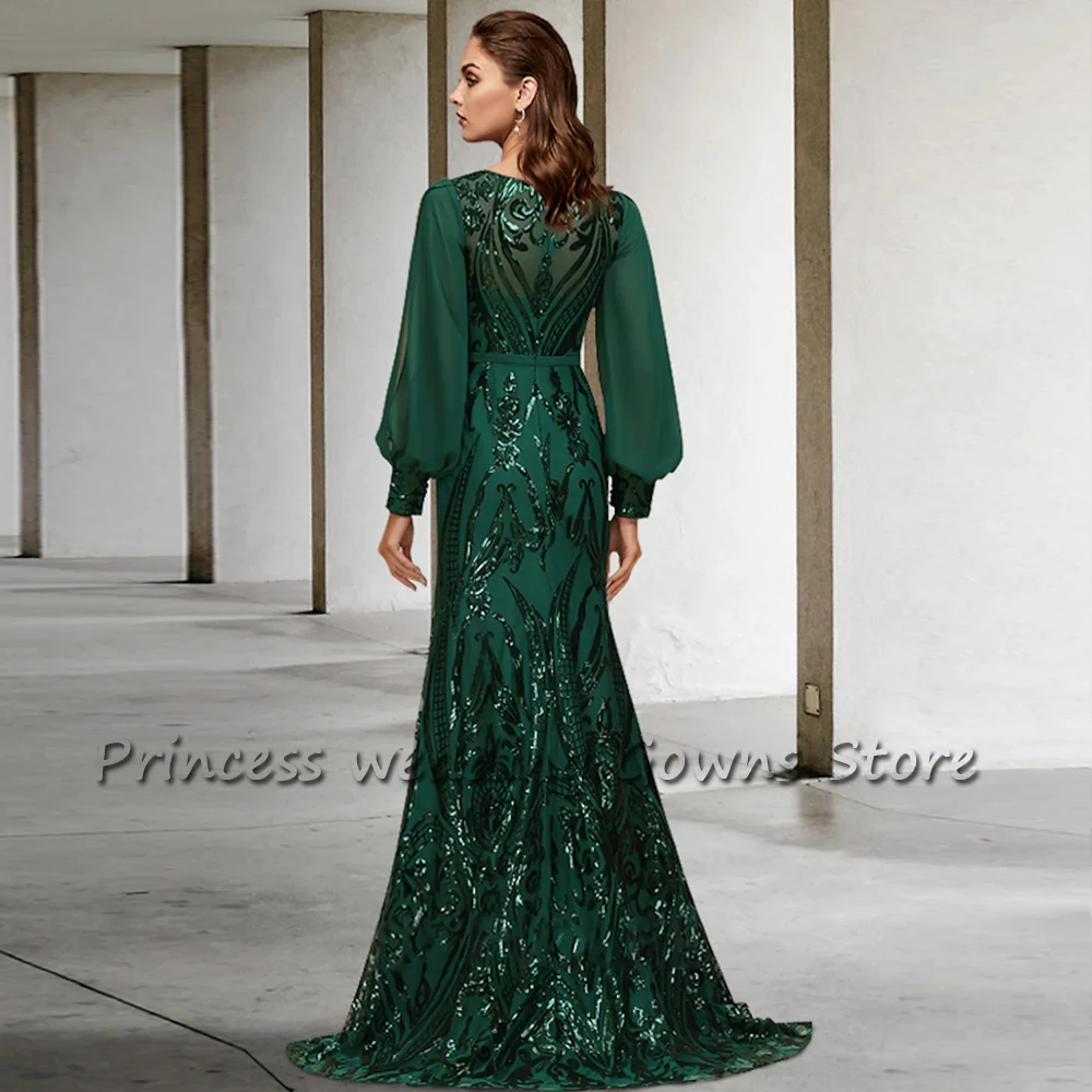 Robe de soirée de mariage en dentelle à paillettes, à manches longues, col rond, vert, mère de la mariée, vêtements