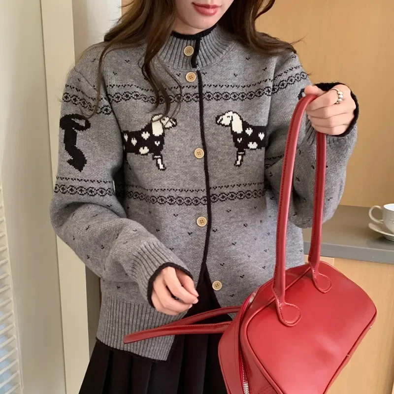 

Women's Half High Collar Dog Jacquard Long-sleeved Sweater Jackets Autumn Winter Casual Age-reducing Soft Waxy Knitted Cardigan