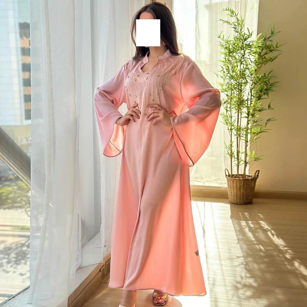 

Formal Sheath V neck Ankle Length Chiffon Long Sleeves Pink Celebrity Dress Crystal Pleats Vestido De Noche Dubai Women