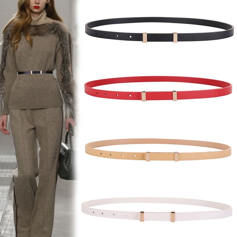 

Chic Women's Thin Designer Belt with Gold Metal Buckle – Genuine Leather Waistband Perfect for Dresses and Jeans Styling