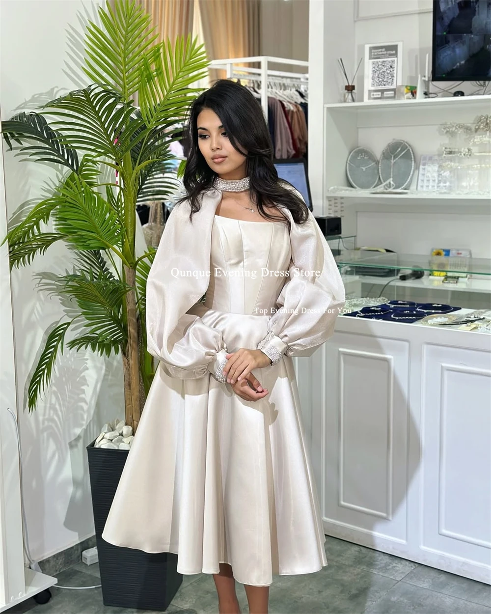 Qunque manches bouffantes robes De Soirée en Satin brillant une ligne longueur De thé avec perles Robe De Soiré Robe De soirée De bal formelle personnalisée