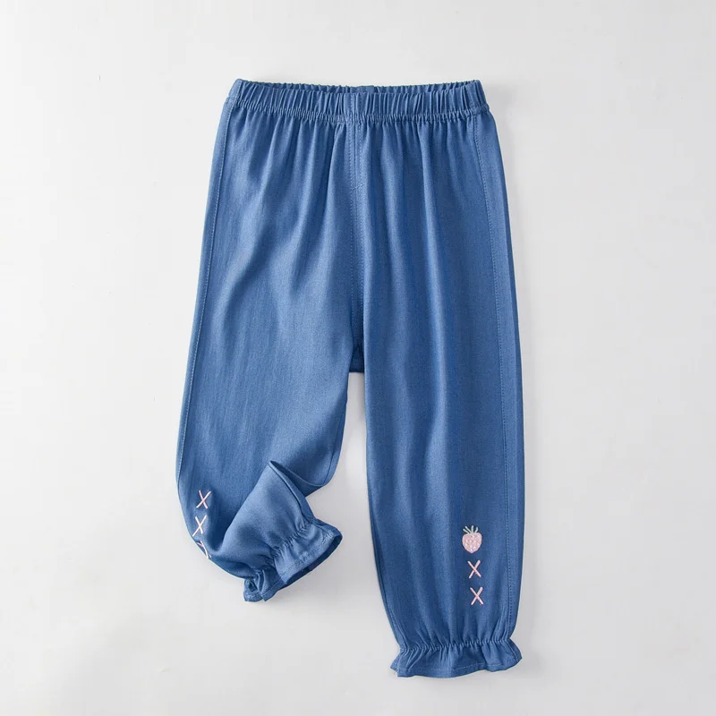 Girls Jeans Pants Kids Lovely Strawberry Embroidered Trousers Drawstring Stretch Pants Elastic Waist Casual Trouser 2-6 Years