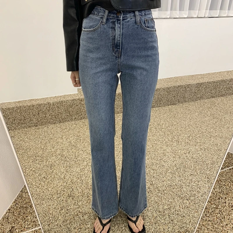 

Retro High Waist Single Button Double Pocket Slim Fit Chic Autumn Bell Bottom Jeans Women's Fashion Retro Style Deep Color