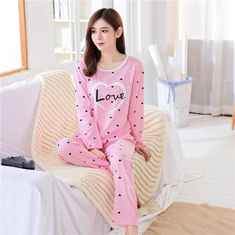 Autumn Thin 2pieces Pyjamas Set Women 2024 Cartoon Round Neck Girls Pajamas Sets Honey Boof Full Sleepwear Clothess Sleep Tops