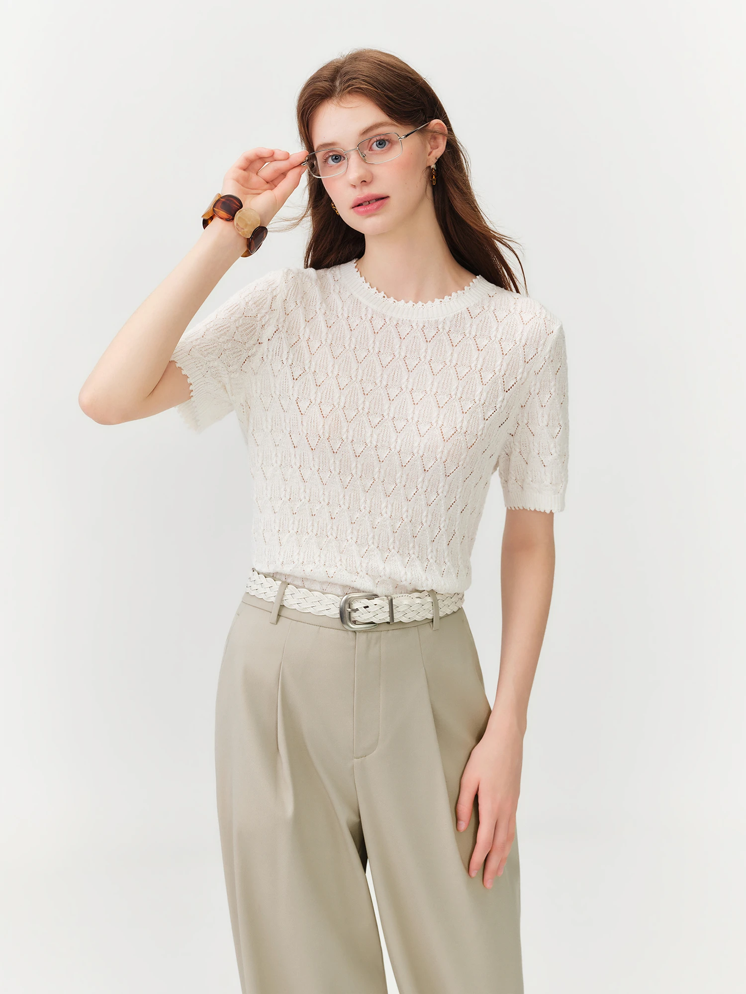 FSLE 2026 Summer Women‘s Reversible Diamond Rib Knit T-Shirt Crewneck Textured Short Sleeve Top for Soft Minimalist Boho Style